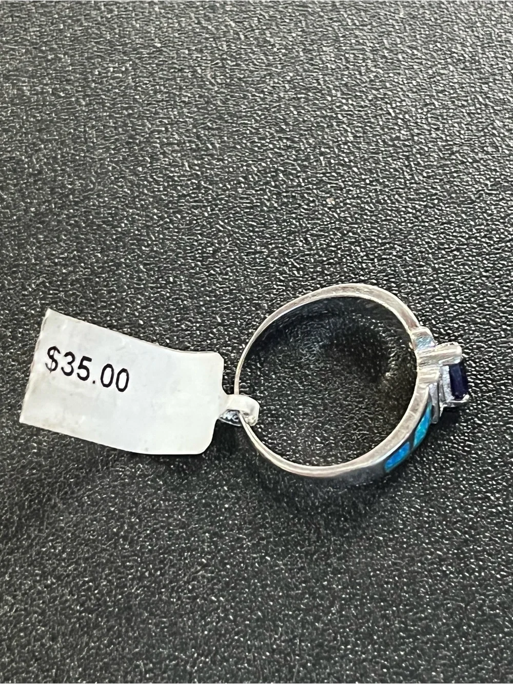 Sterling silver ring with blue center stone and opal inlay. Cz accents. Sz 8 New